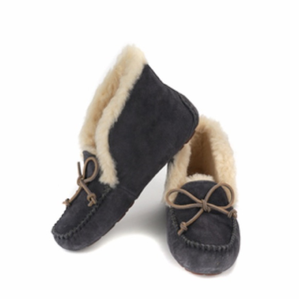 UGG Alena Gray Suede Moccasin Slippers with Cream Shearling Trim